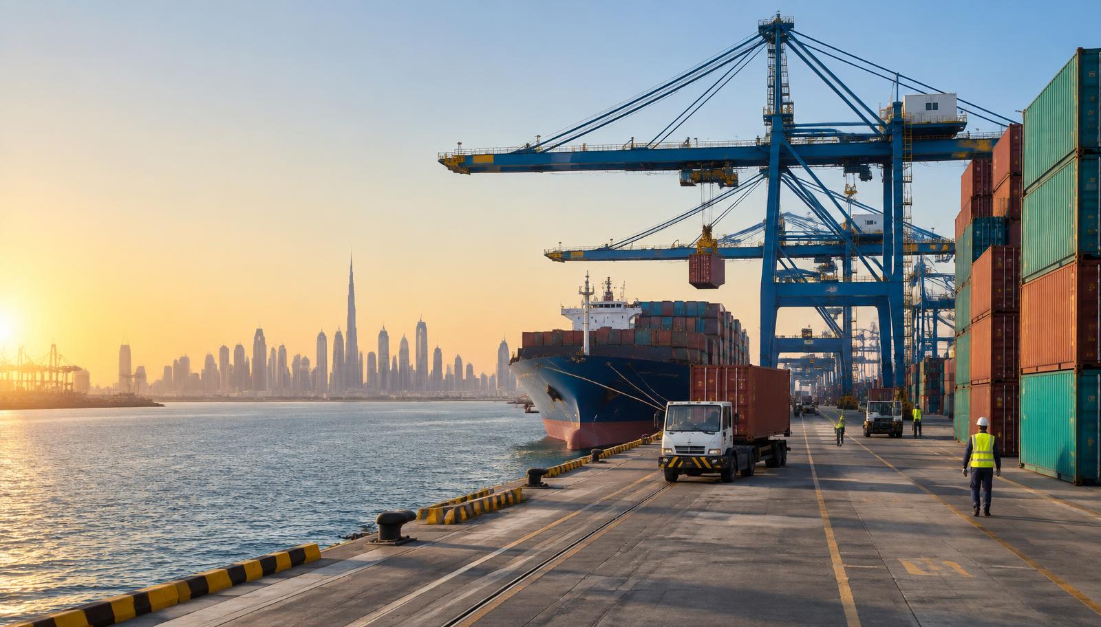 Container ship and freight operations at a Dubai port